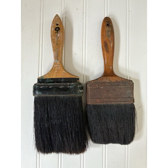 Vintage Pair Paint Brushes Wooden Handle French Farmhouse Cottage Craft Decor - Picture 2 of 12